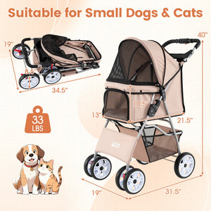 4 Wheel Pet Stroller for Small Dogs Cats up to 33 LBS-Beige view 4