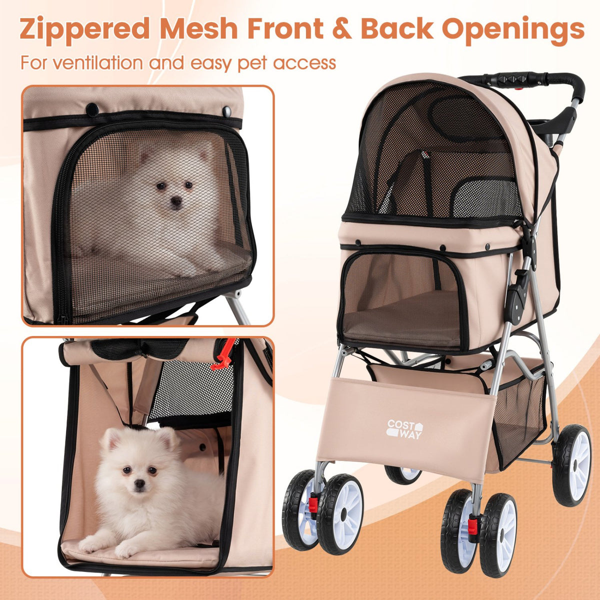 4 Wheel Pet Stroller for Small Dogs Cats up to 33 LBS-Beige view 5