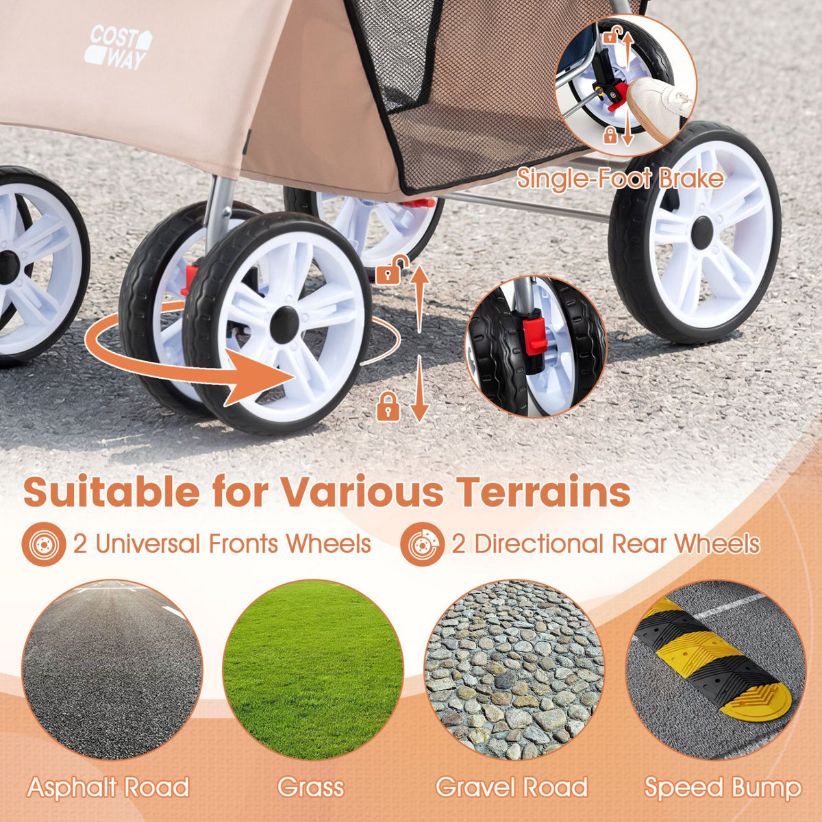 4 Wheel Pet Stroller for Small Dogs Cats up to 33 LBS-Beige view 9