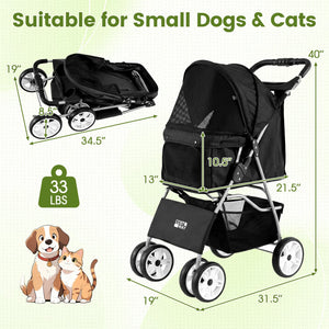 4 Wheel Pet Stroller for Small Dogs Cats up to 33 LBS-Black view 4