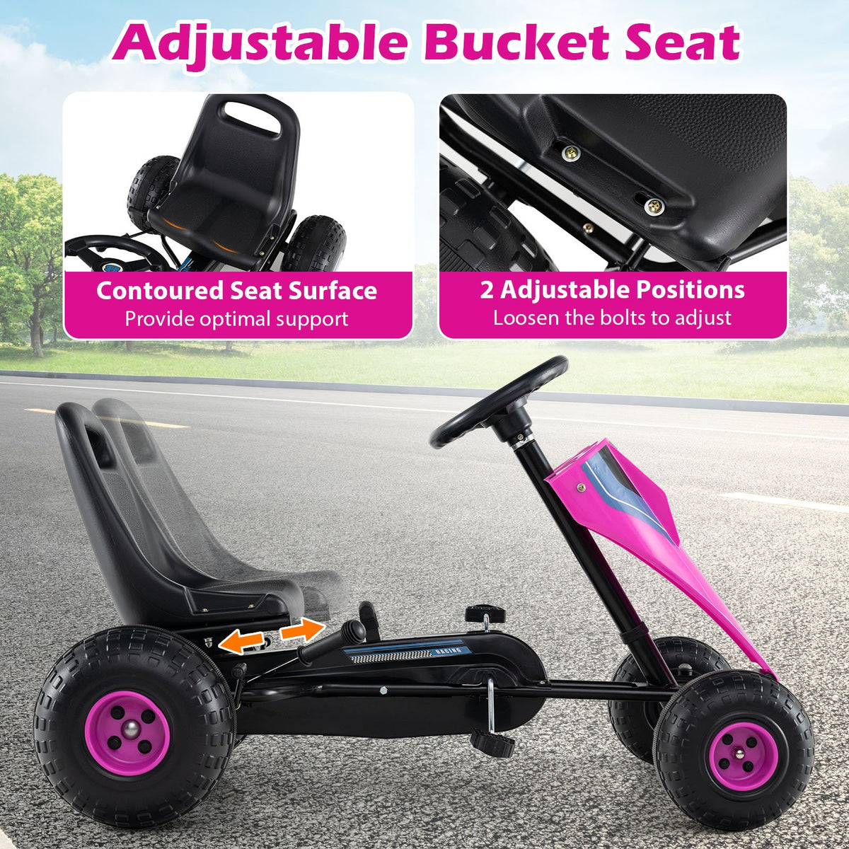 4-Wheel Ride On Toy Pedal Go Kart for Kids with Steering Wheel and Safe Handbrake-Pink view 6
