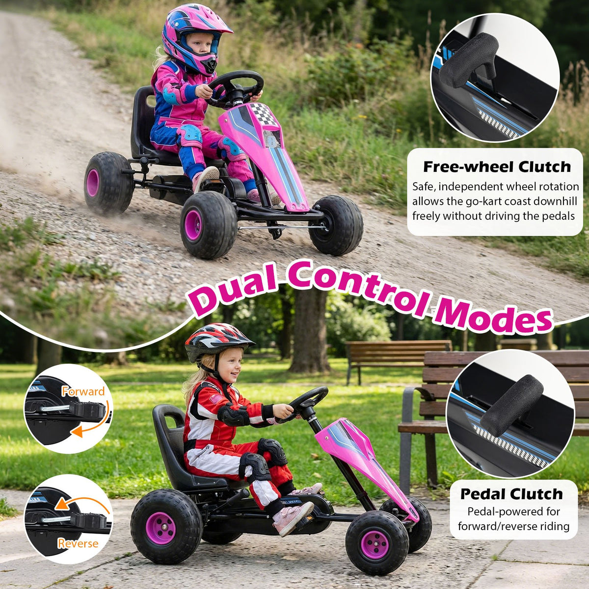 4-Wheel Ride On Toy Pedal Go Kart for Kids with Steering Wheel and Safe Handbrake-Pink view 7