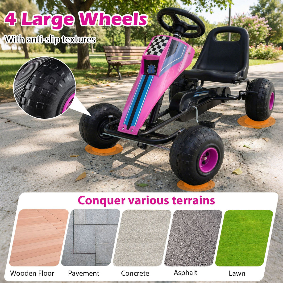 4-Wheel Ride On Toy Pedal Go Kart for Kids with Steering Wheel and Safe Handbrake-Pink view 9