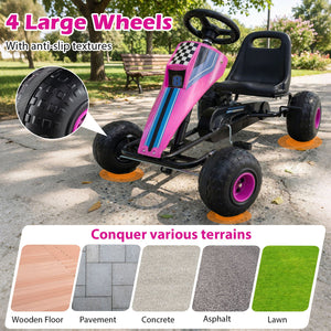 4-Wheel Ride On Toy Pedal Go Kart for Kids with Steering Wheel and Safe Handbrake-Pink view 9