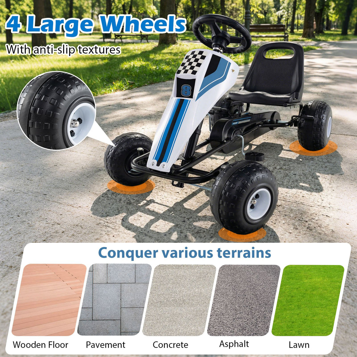 4-Wheel Ride On Toy Pedal Go Kart for Kids with Steering Wheel and Safe Handbrake-White view 9