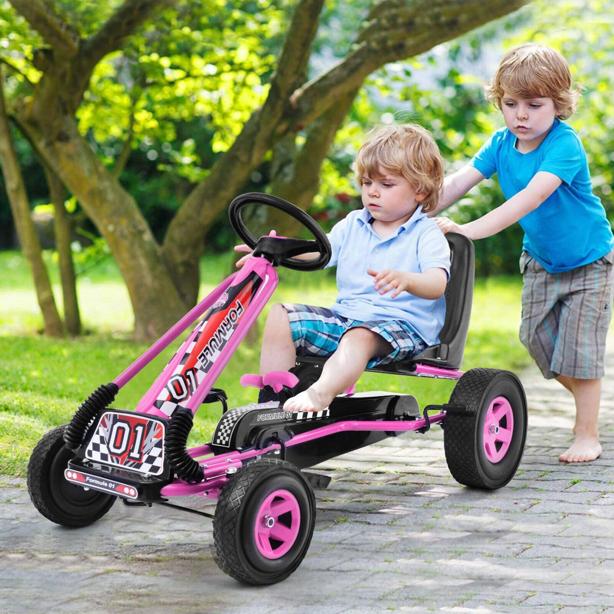 4 Wheels Kids Ride On Pedal Powered Bike Go Kart Racer Car Outdoor Play Toy-Pink view 2