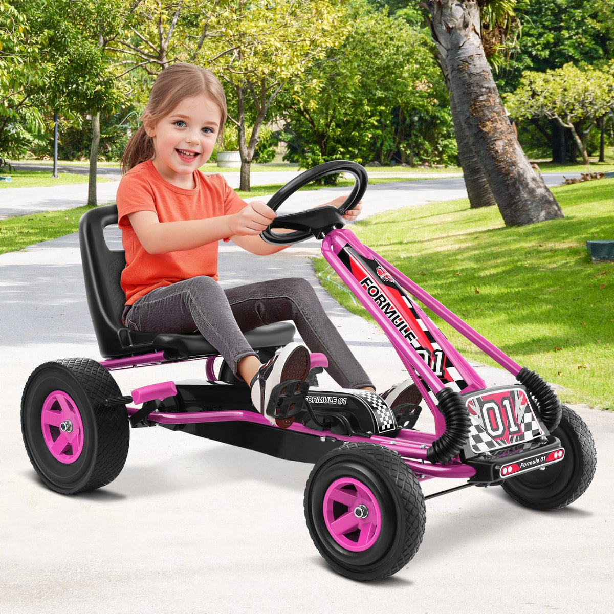 4 Wheels Kids Ride On Pedal Powered Bike Go Kart Racer Car Outdoor Play Toy-Pink view 3