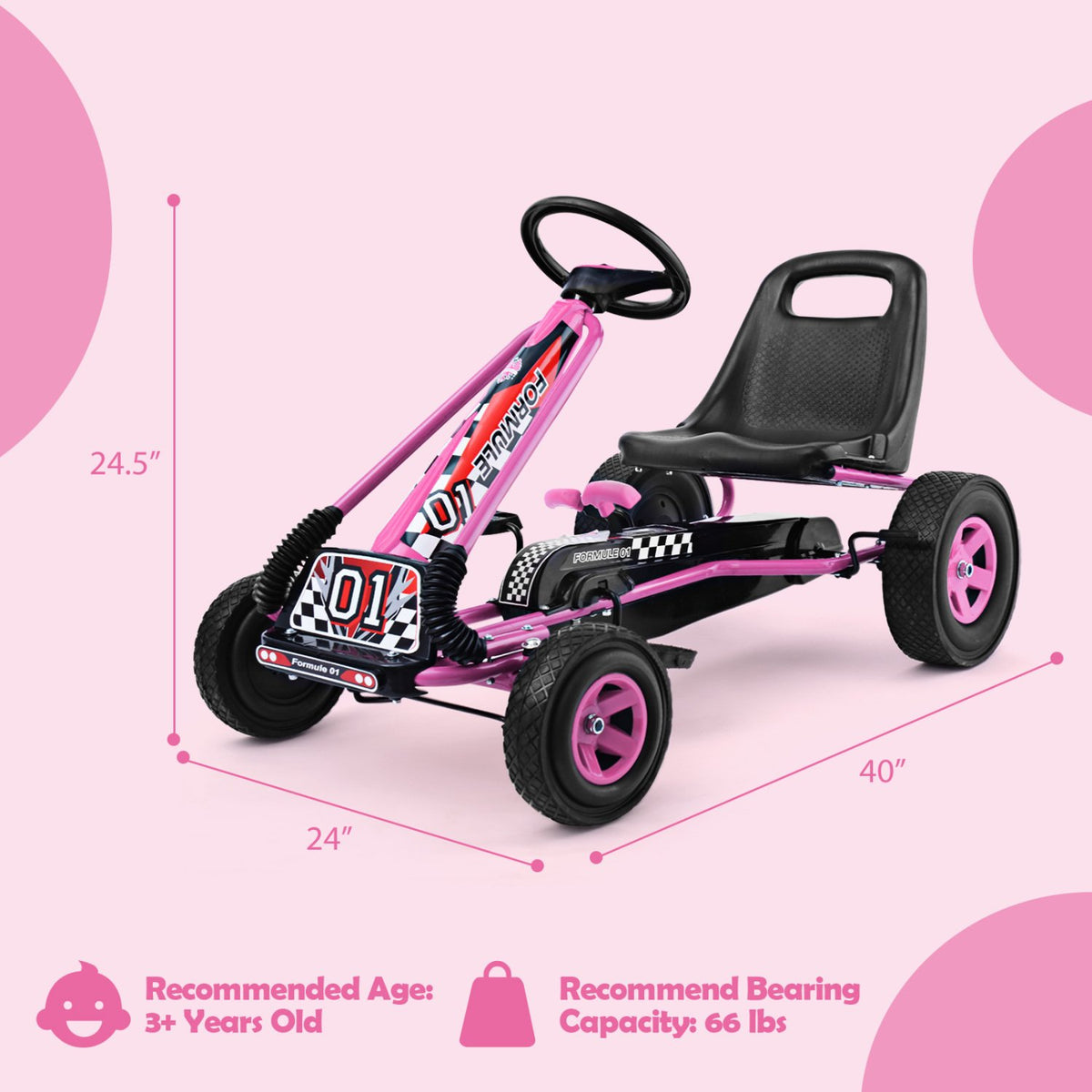 4 Wheels Kids Ride On Pedal Powered Bike Go Kart Racer Car Outdoor Play Toy-Pink view 4
