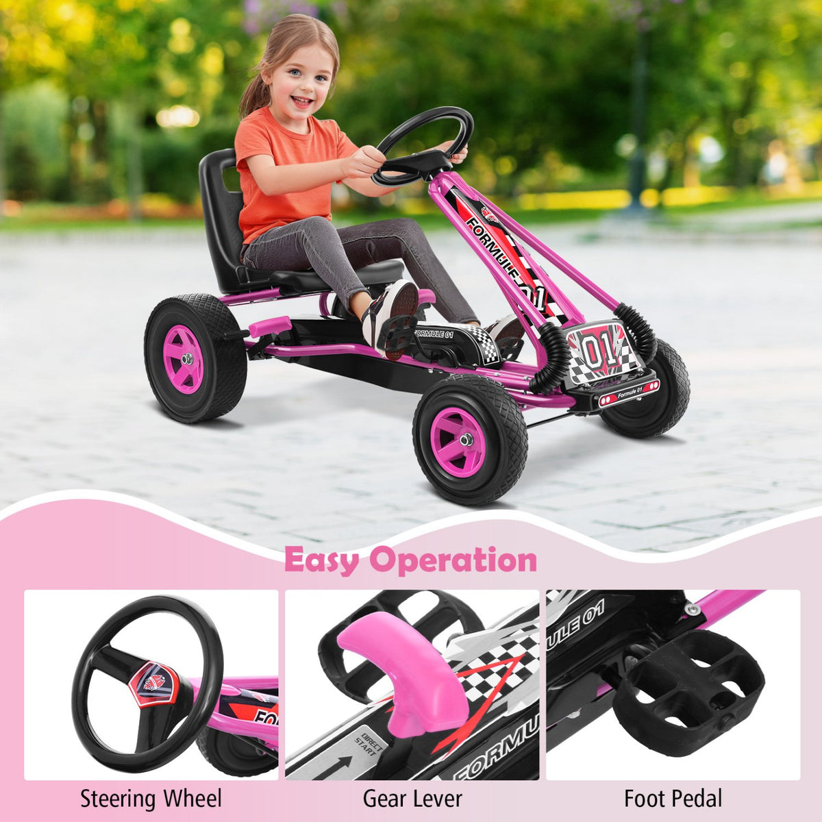 4 Wheels Kids Ride On Pedal Powered Bike Go Kart Racer Car Outdoor Play Toy-Pink view 5