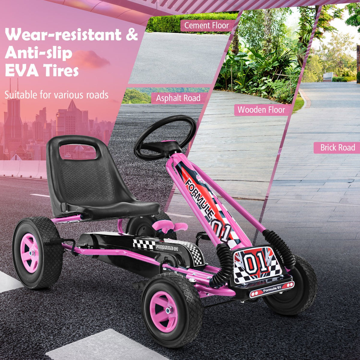 4 Wheels Kids Ride On Pedal Powered Bike Go Kart Racer Car Outdoor Play Toy-Pink view 9