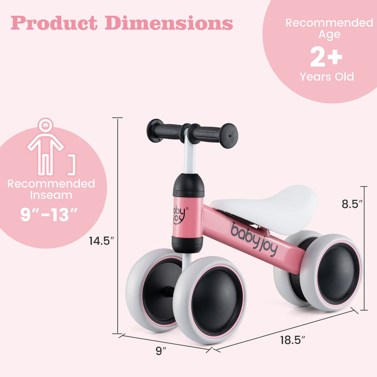 Baby Balance Bike for 2 Years Old Boys Girls No Pedal 4 Wheels-Pink view 3