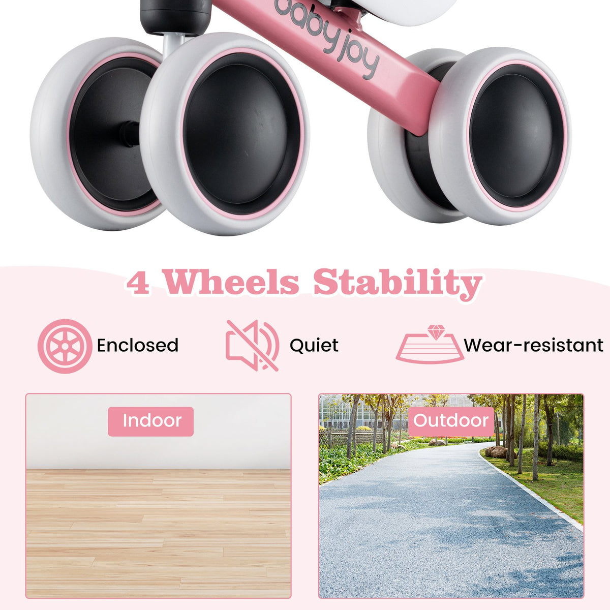 Baby Balance Bike for 2 Years Old Boys Girls No Pedal 4 Wheels-Pink view 6