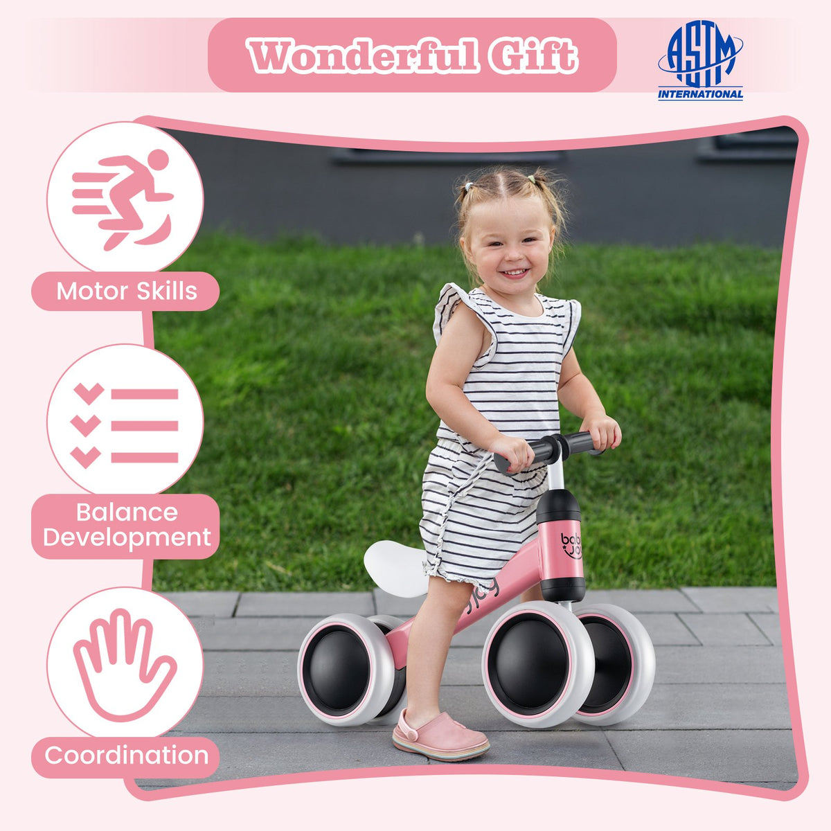 Baby Balance Bike for 2 Years Old Boys Girls No Pedal 4 Wheels-Pink view 9