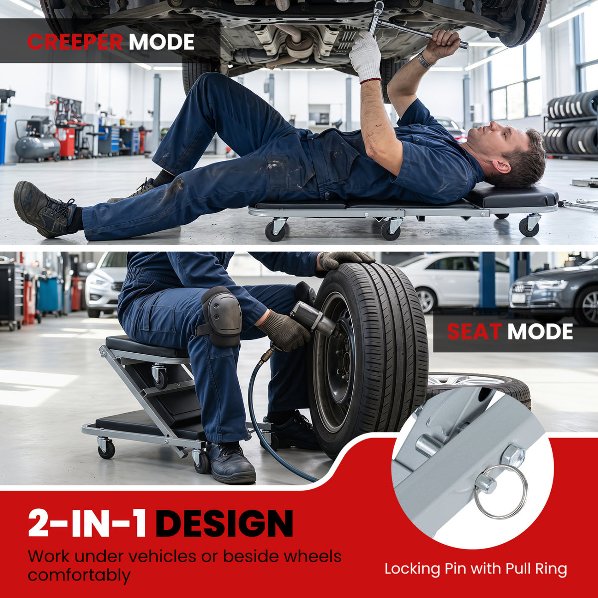 40 inches 2-in-1 Mechanic Creeper & Z-Seat with 6 Swivel CastersBlack view 6