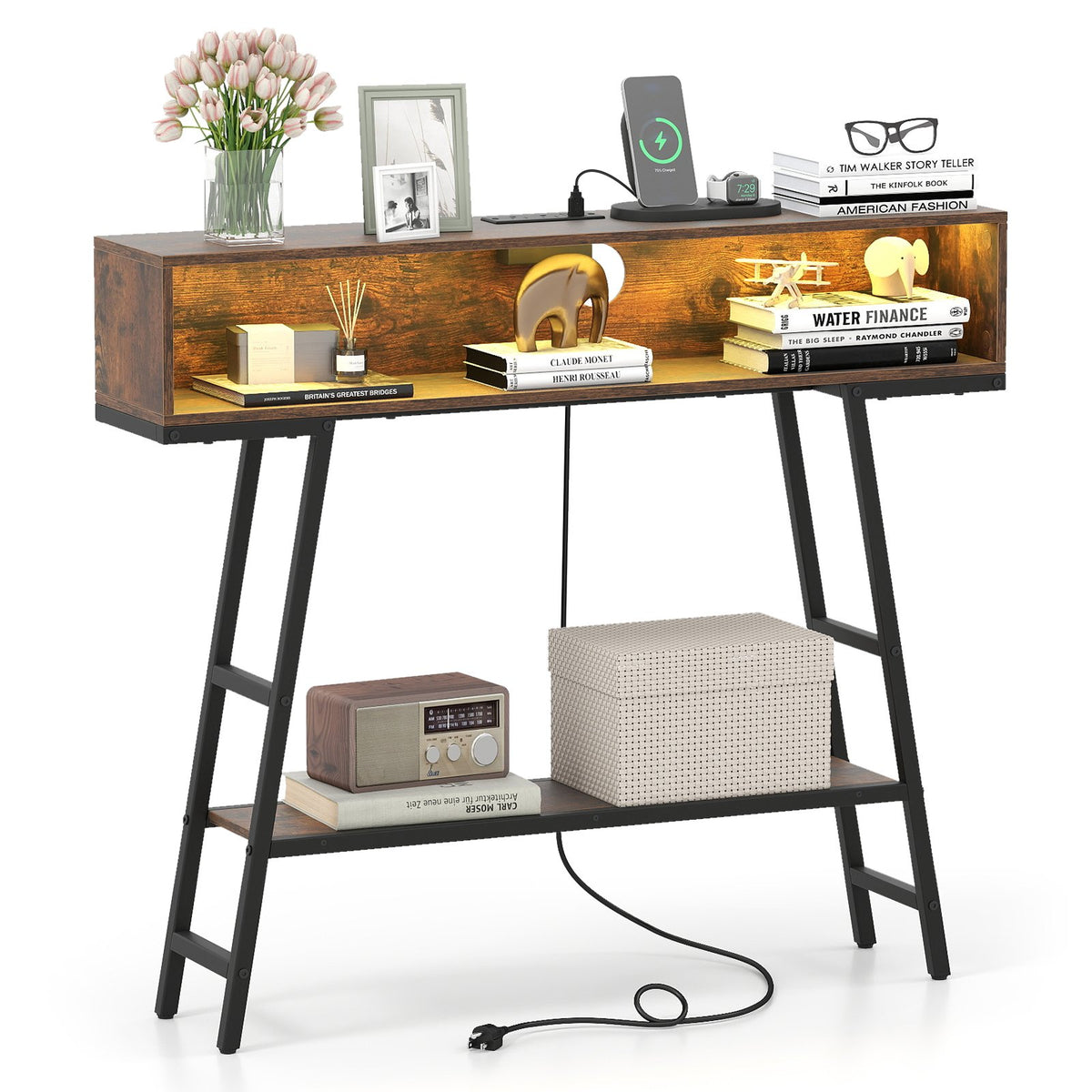 40 inches Console Table with Charging Station and LED Lights-Rustic Brown
