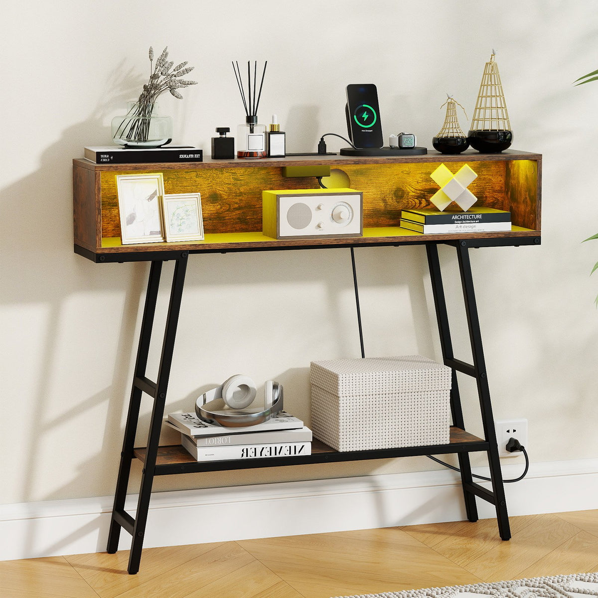 40 inches Console Table with Charging Station and LED Lights-Rustic Brown view 2