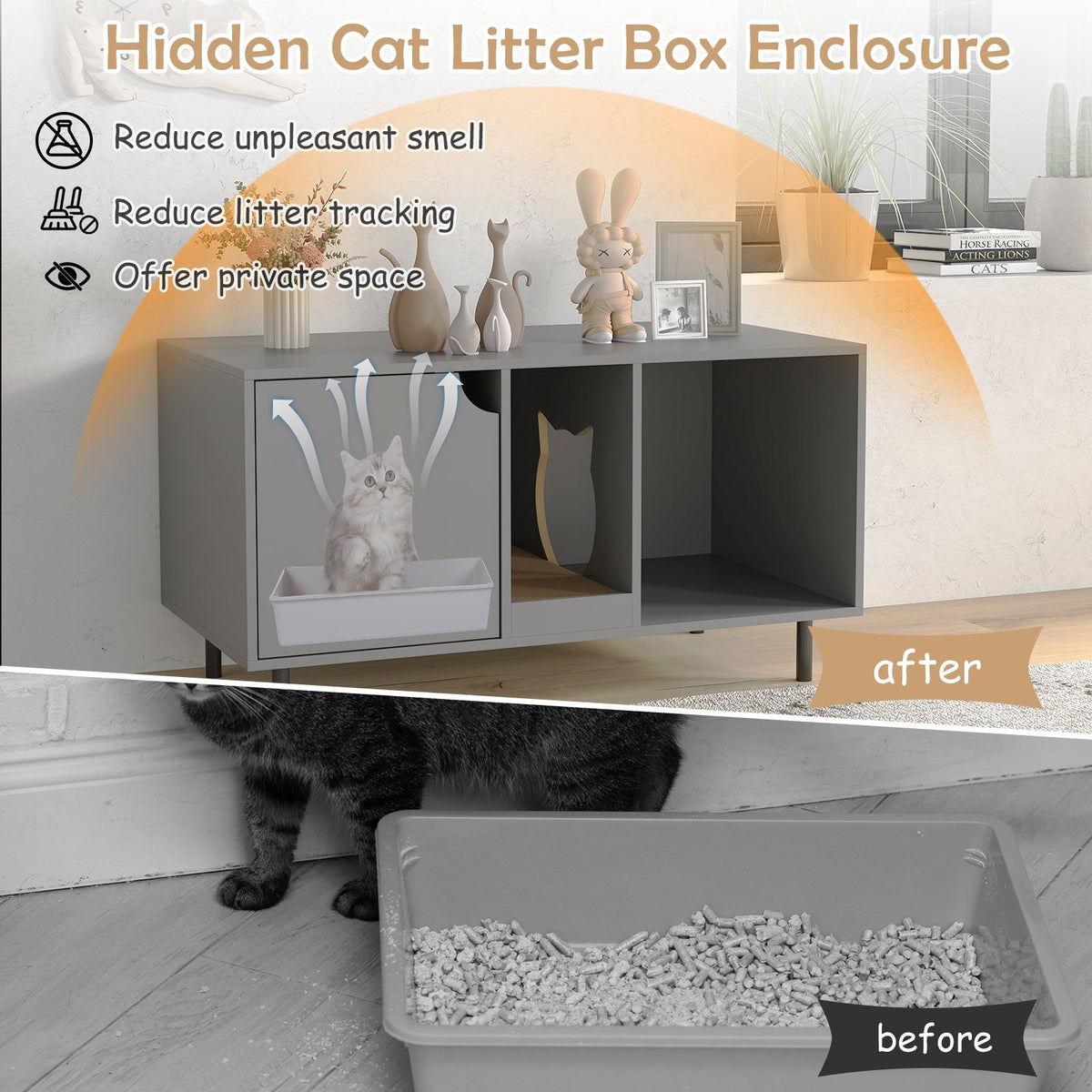 40 Inch Cat Litter Box Enclosure for 2 Cats Hidden Cat Washroom-Gray view 7