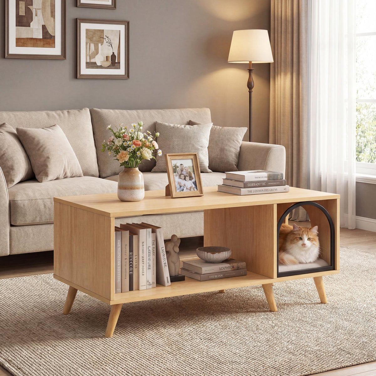 40 Inch Coffee Table Cat House 2-in-1 Wooden Kitten Furniture with Open Storage Shelf-Natural view 2