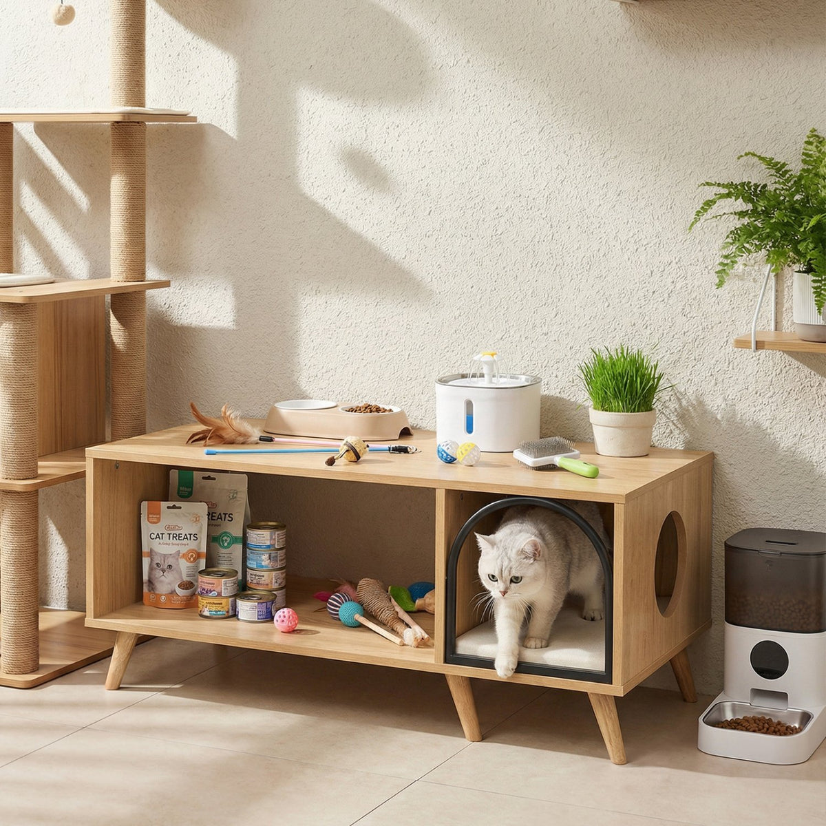 40 Inch Coffee Table Cat House 2-in-1 Wooden Kitten Furniture with Open Storage Shelf-Natural view 3