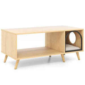 40 Inch Coffee Table Cat House 2-in-1 Wooden Kitten Furniture with Open Storage Shelf-Natural view 4