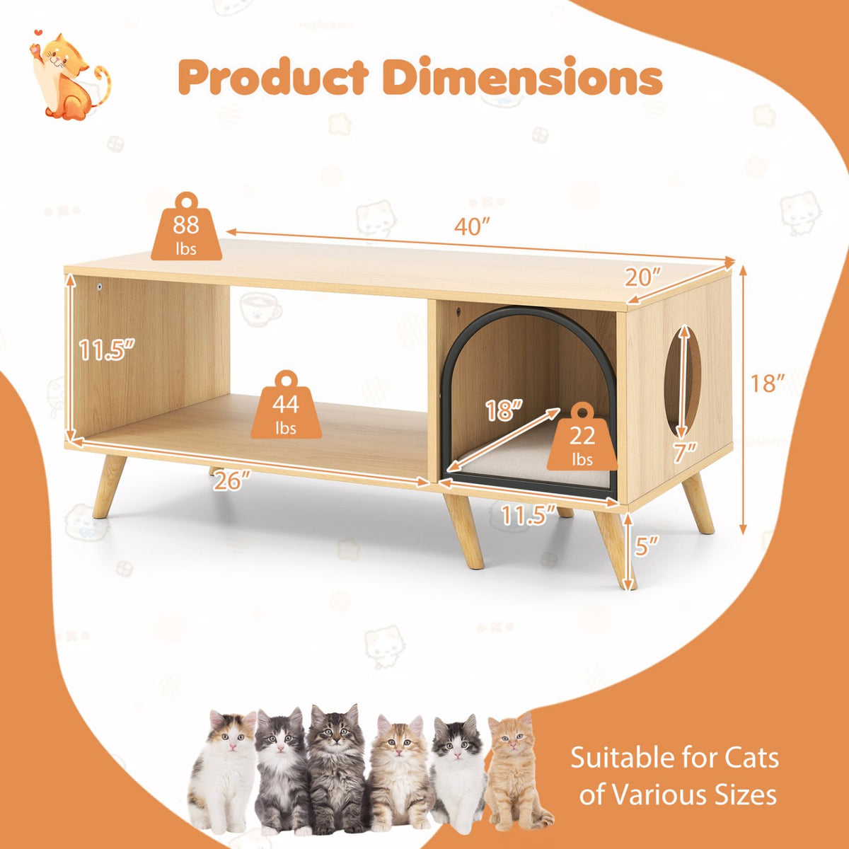 40 Inch Coffee Table Cat House 2-in-1 Wooden Kitten Furniture with Open Storage Shelf-Natural view 5