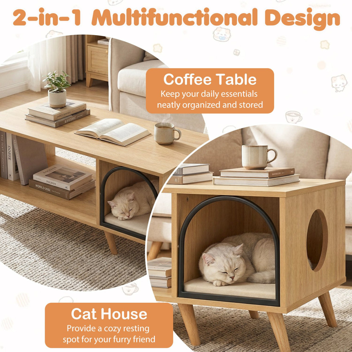 40 Inch Coffee Table Cat House 2-in-1 Wooden Kitten Furniture with Open Storage Shelf-Natural view 6