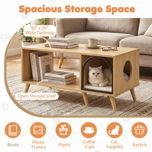 40 Inch Coffee Table Cat House 2-in-1 Wooden Kitten Furniture with Open Storage Shelf-Natural view 7