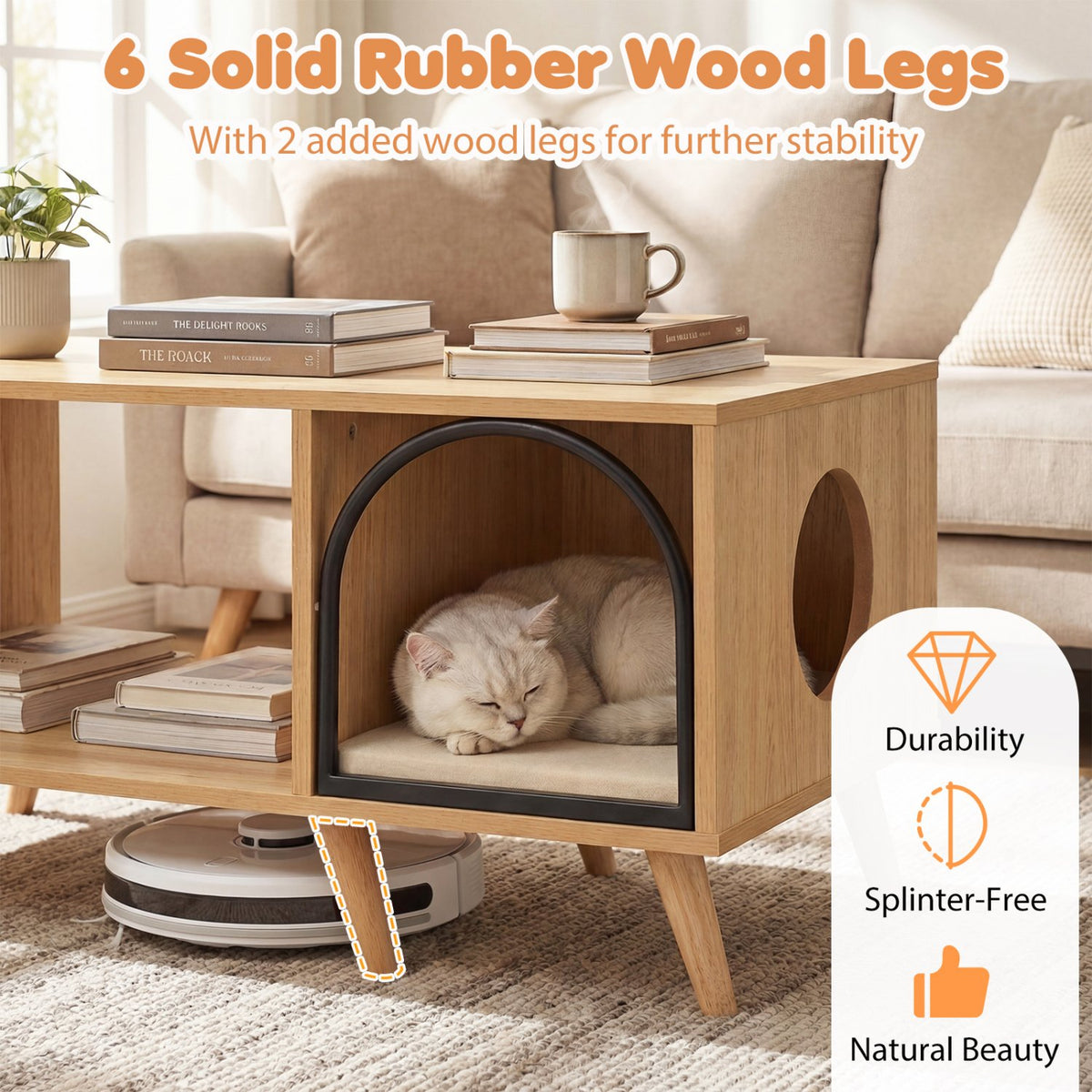 40 Inch Coffee Table Cat House 2-in-1 Wooden Kitten Furniture with Open Storage Shelf-Natural view 8