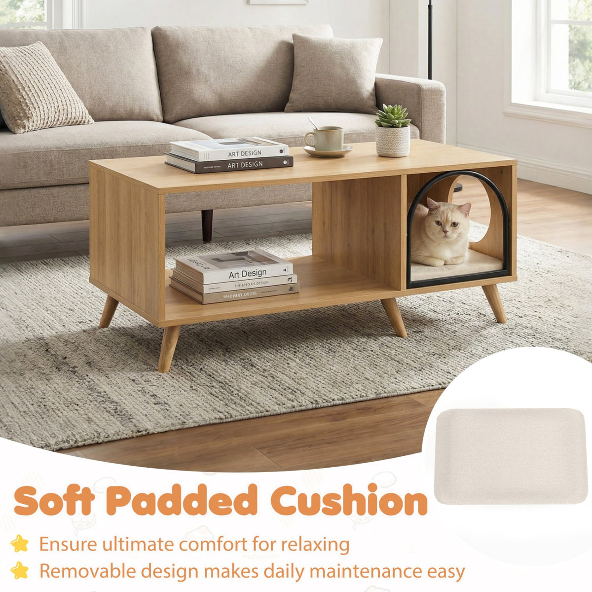 40 Inch Coffee Table Cat House 2-in-1 Wooden Kitten Furniture with Open Storage Shelf-Natural view 9