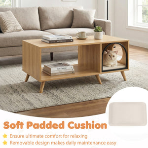 40 Inch Coffee Table Cat House 2-in-1 Wooden Kitten Furniture with Open Storage Shelf-Natural view 9