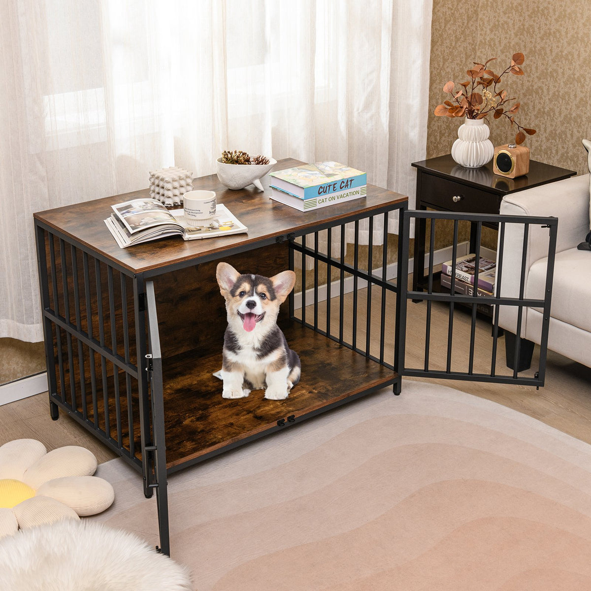 40 Inch Dog Crate Furniture Dog Kennel with Dual Lockable Double Doors-Rustic Brown view 2