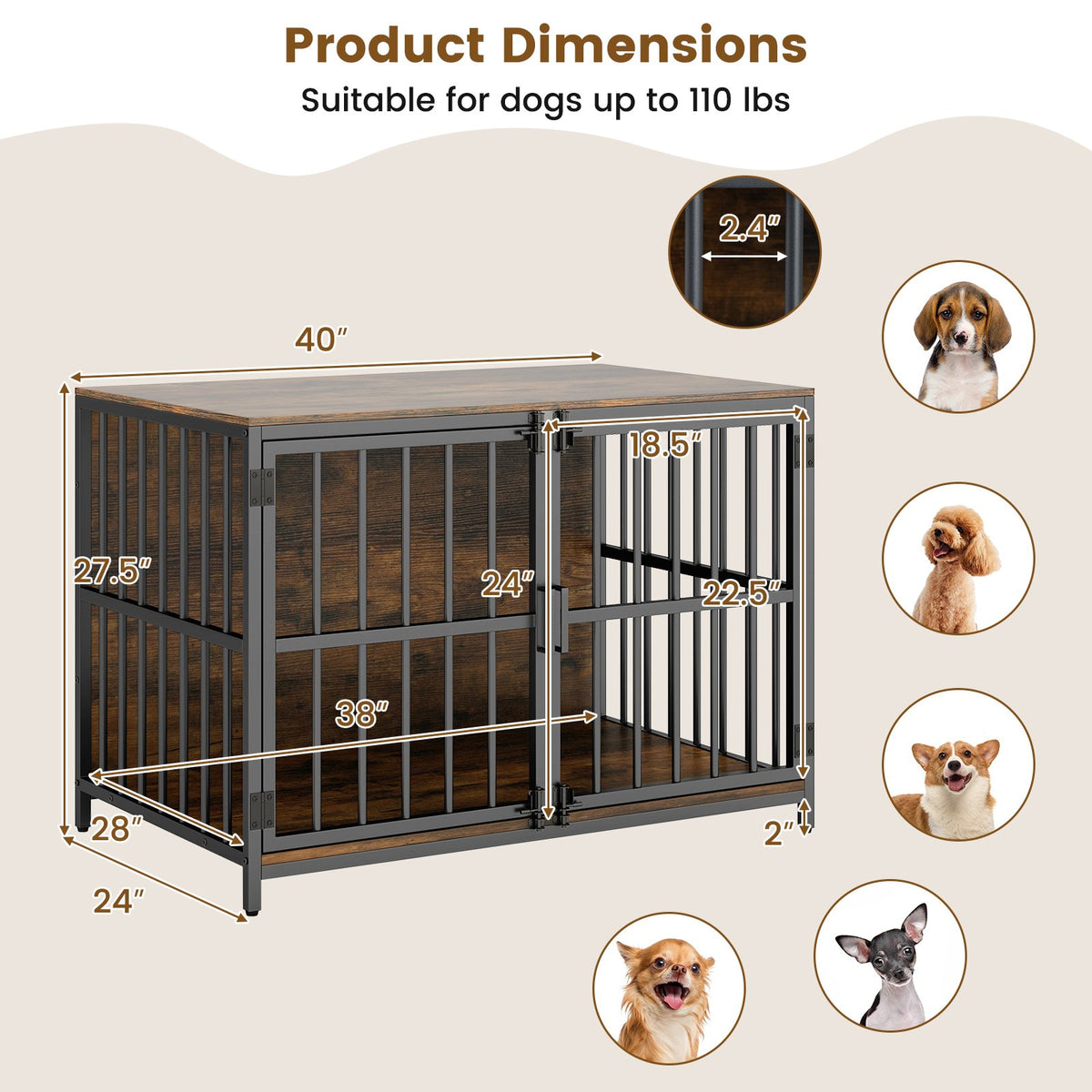 40 Inch Dog Crate Furniture Dog Kennel with Dual Lockable Double Doors-Rustic Brown view 5