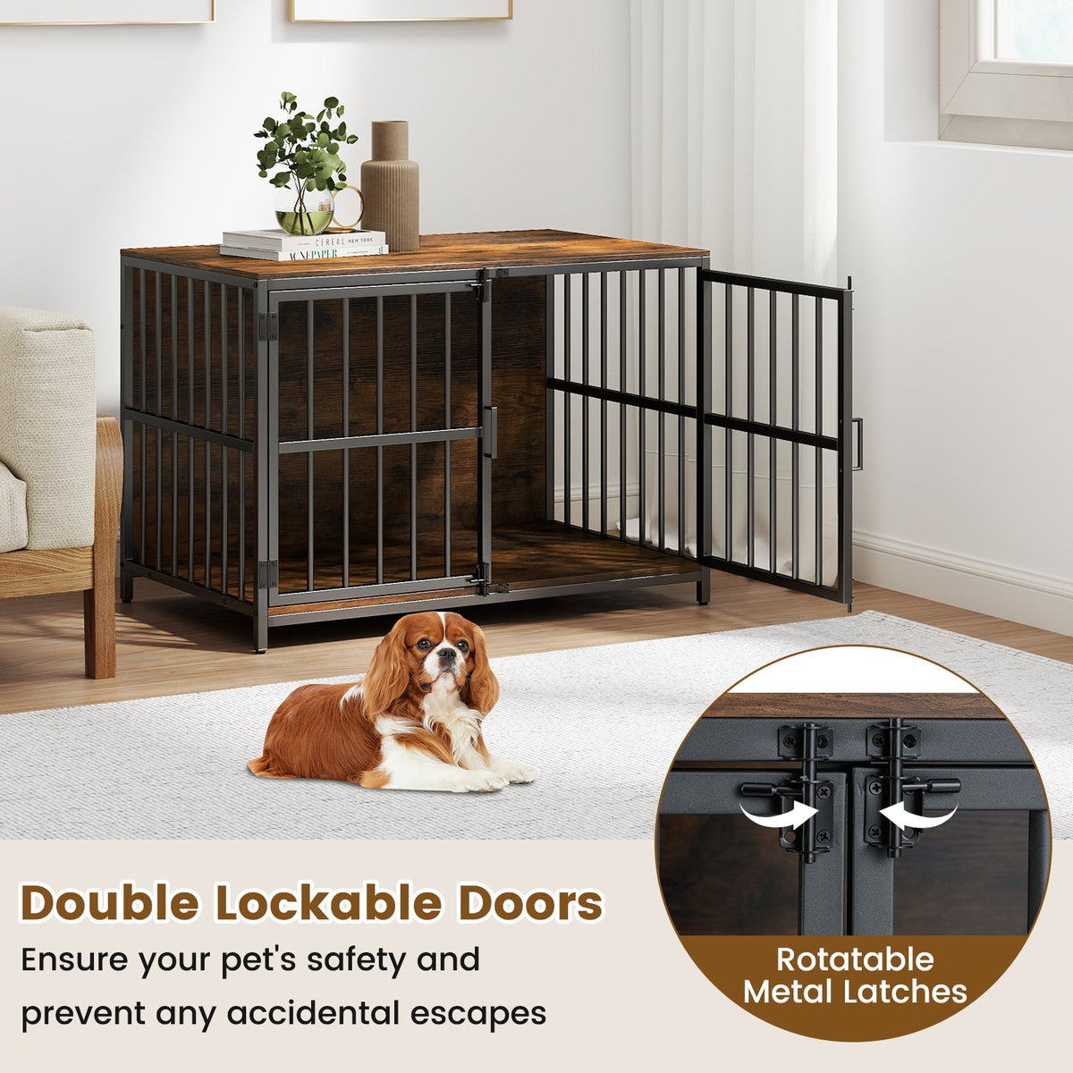 40 Inch Dog Crate Furniture Dog Kennel with Dual Lockable Double Doors-Rustic Brown view 6