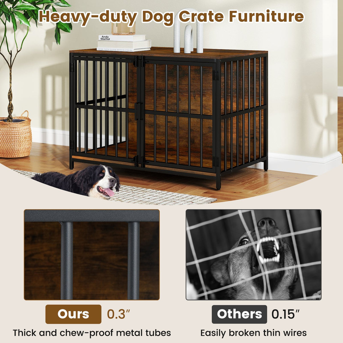 40 Inch Dog Crate Furniture Dog Kennel with Dual Lockable Double Doors-Rustic Brown view 7