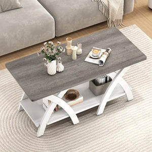 40 Inch Farmhouse Wooden Coffee Table with Storage Shelf with X-shaped Legs-Gray view 3