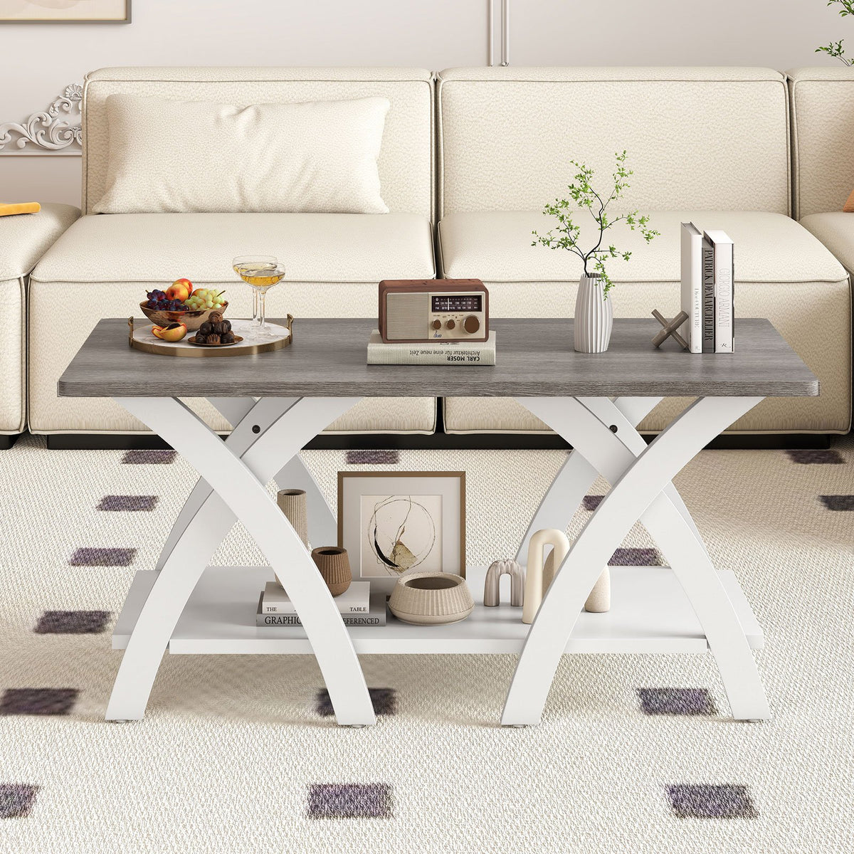40 Inch Farmhouse Wooden Coffee Table with Storage Shelf with X-shaped Legs-Gray view 6