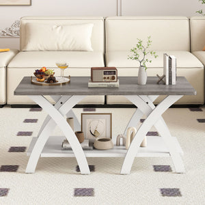 40 Inch Farmhouse Wooden Coffee Table with Storage Shelf with X-shaped Legs-Gray view 6