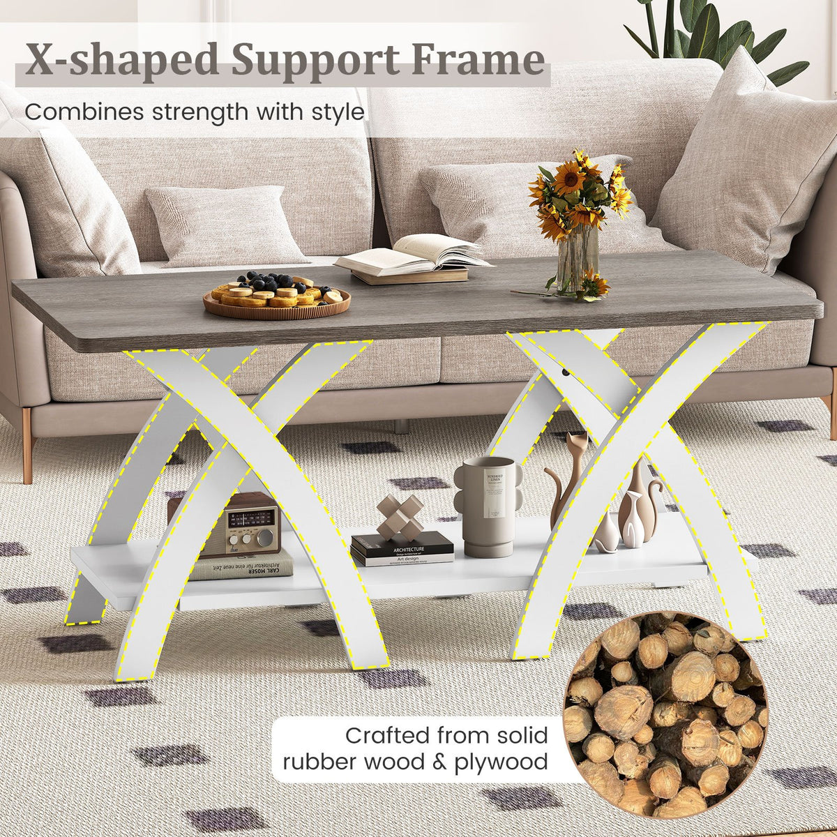 40 Inch Farmhouse Wooden Coffee Table with Storage Shelf with X-shaped Legs-Gray view 9