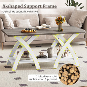 40 Inch Farmhouse Wooden Coffee Table with Storage Shelf with X-shaped Legs-Gray view 9