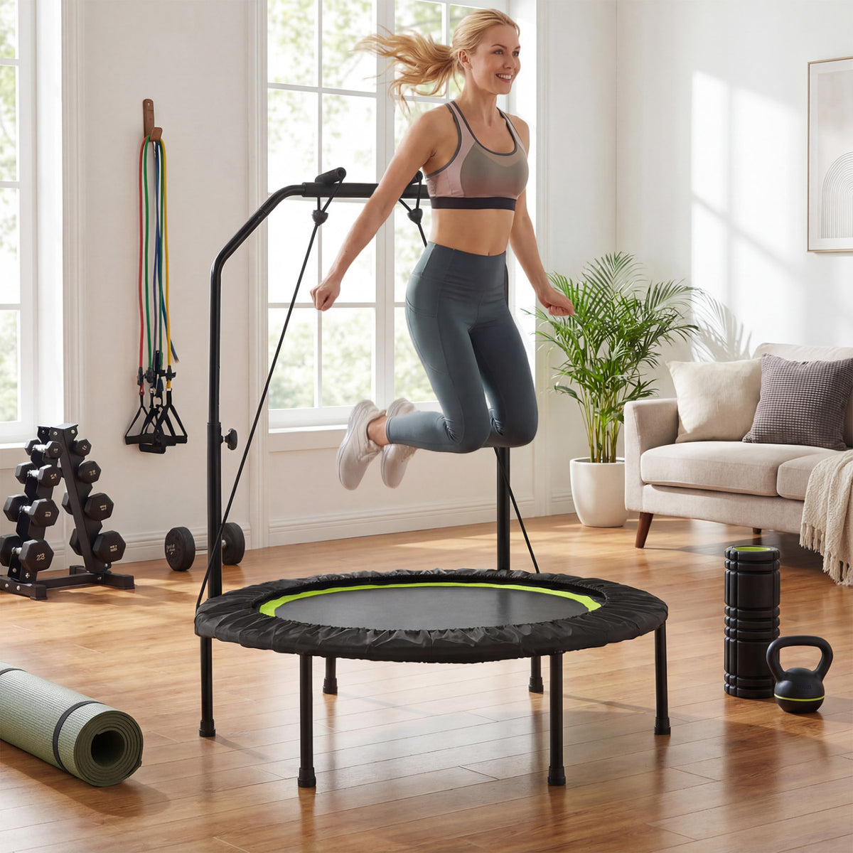 40 Inch Fitness Trampoline for Adults with 2 Resistance Bands-Green view 2