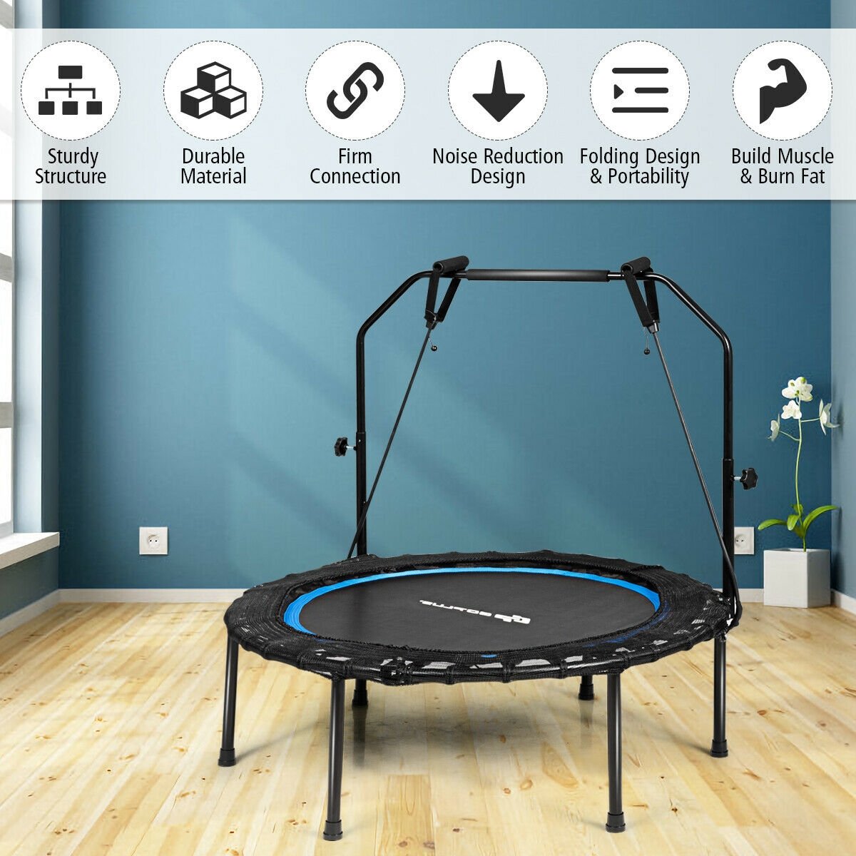 40 Inch Foldable Fitness Rebounder with Resistance Bands Adjustable Home-Blue view 3