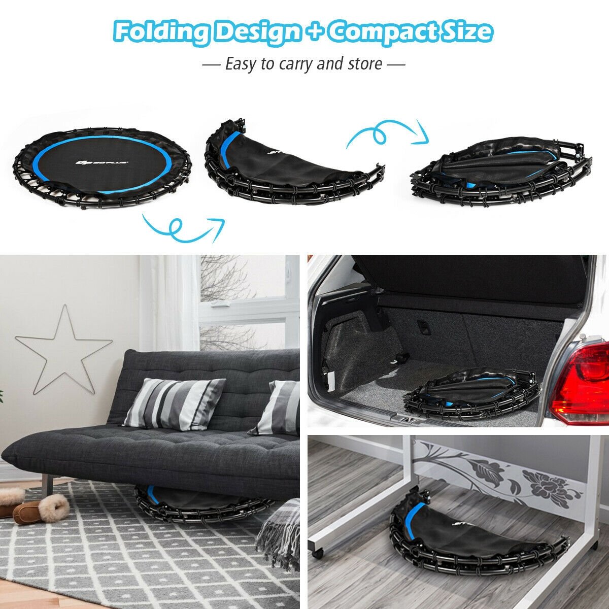 40 Inch Foldable Fitness Rebounder with Resistance Bands Adjustable Home-Blue view 8