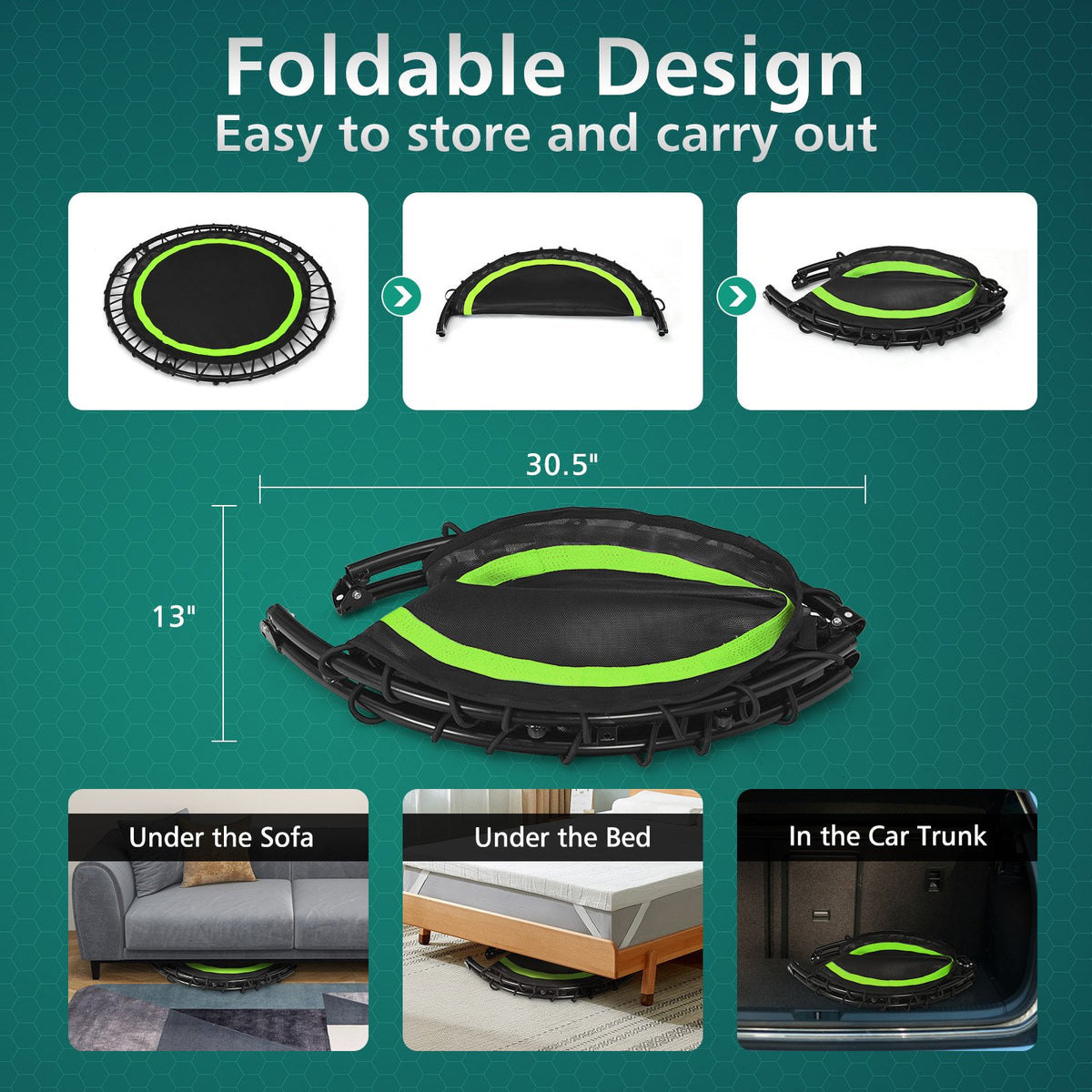 40 Inch Foldable Fitness Rebounder with Resistance Bands Adjustable Home-Green view 3