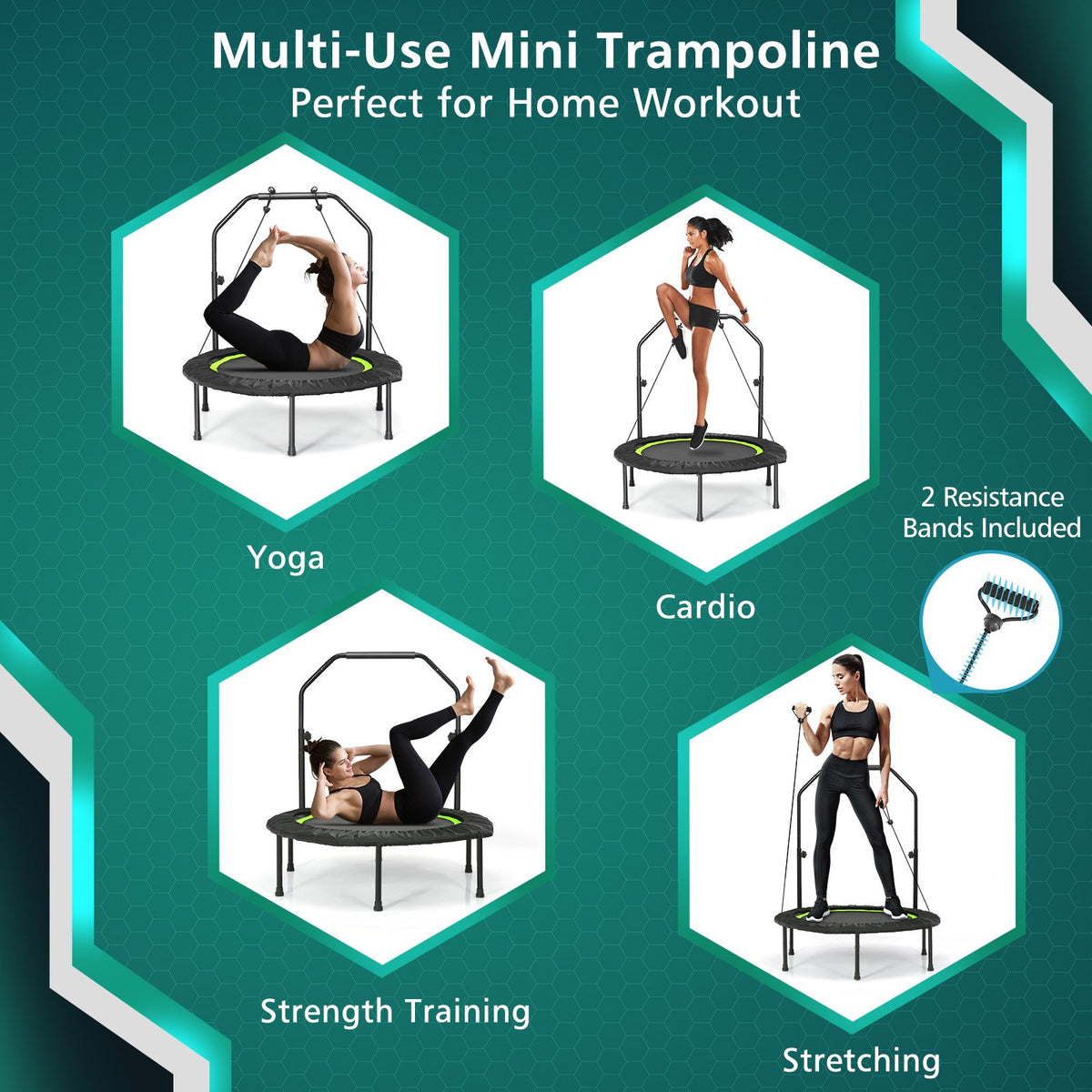 40 Inch Foldable Fitness Rebounder with Resistance Bands Adjustable Home-Green view 4