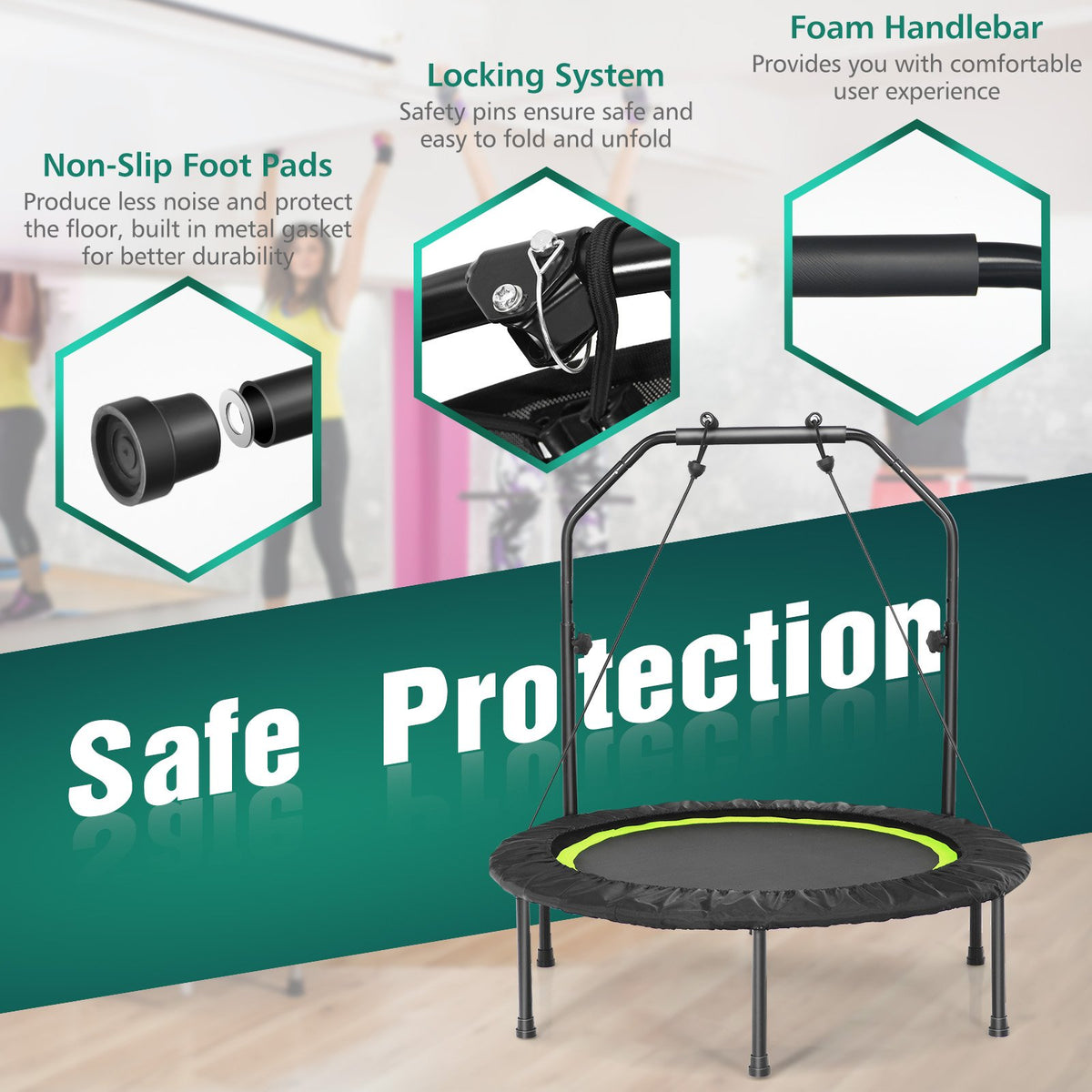 40 Inch Foldable Fitness Rebounder with Resistance Bands Adjustable Home-Green view 6