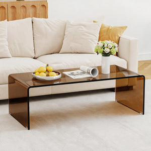 40 Inch Glass Coffee Table with Tempered Glass Top and Round Edges for Home-Dark Brown view 2