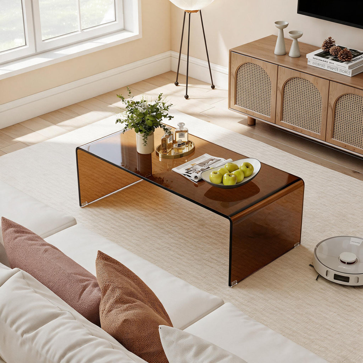 40 Inch Glass Coffee Table with Tempered Glass Top and Round Edges for Home-Dark Brown view 7