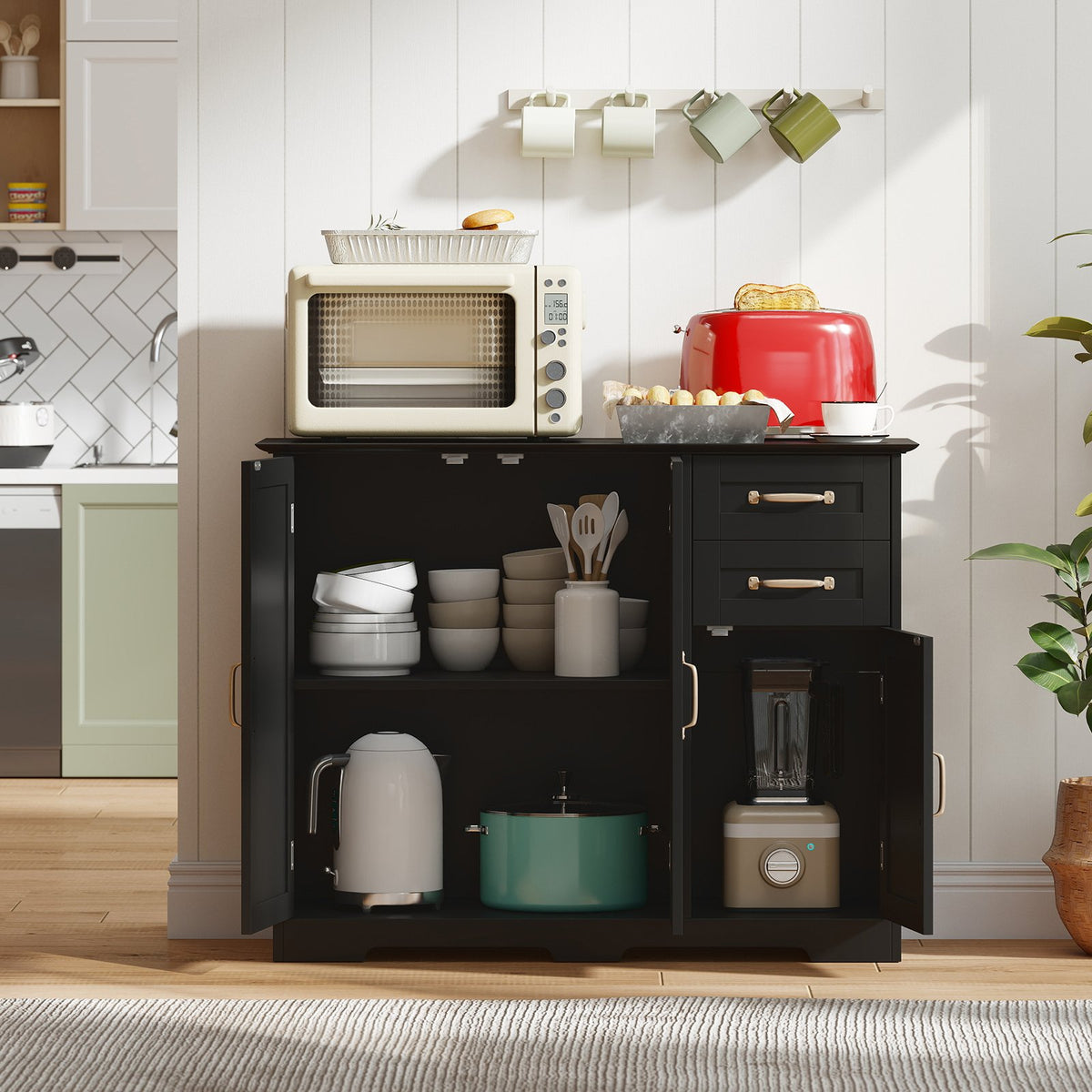 40 Inch Modern Kitchen Sideboard Buffet Cabinet with 2 Drawers and Adjustable Shelf-Black view 2