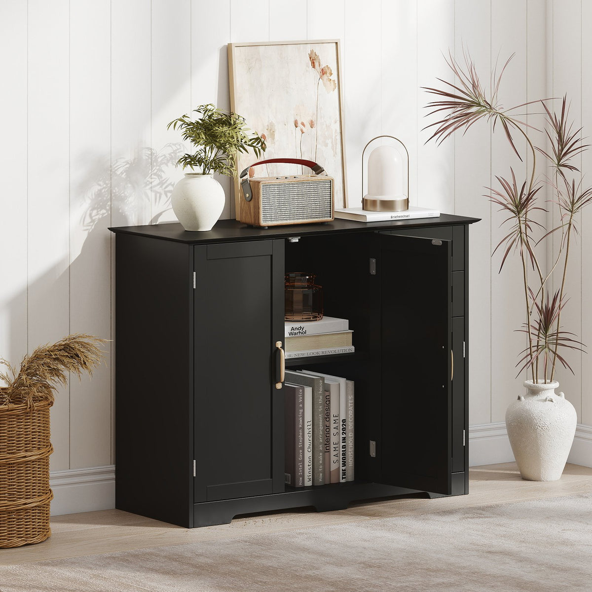 40 Inch Modern Kitchen Sideboard Buffet Cabinet with 2 Drawers and Adjustable Shelf-Black view 3