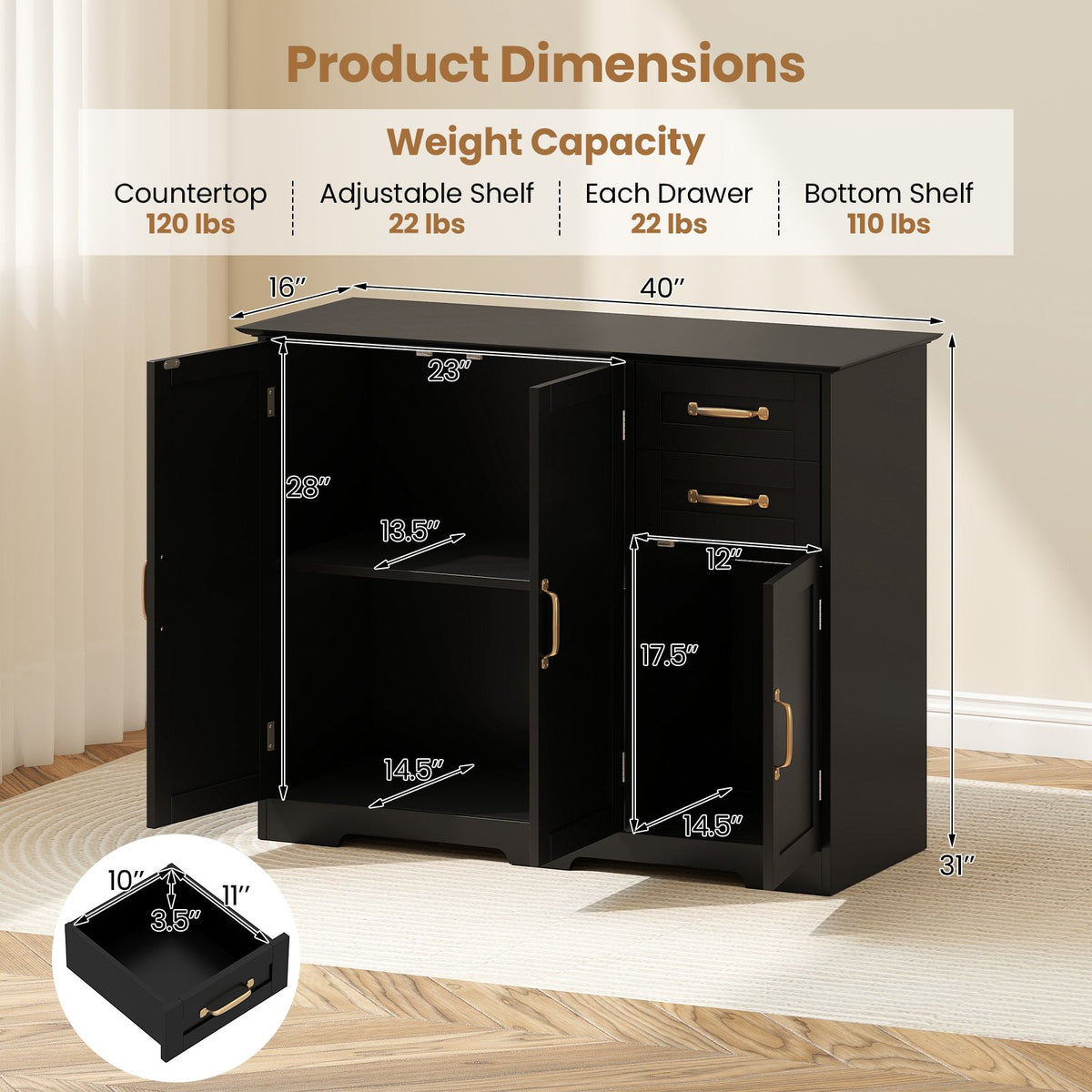 40 Inch Modern Kitchen Sideboard Buffet Cabinet with 2 Drawers and Adjustable Shelf-Black view 5